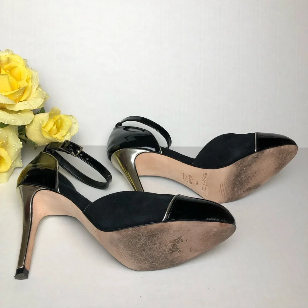 White House Black Market (WHBM) Suede Strappy Heels with Black Patent Leather - Picture 5 of 5